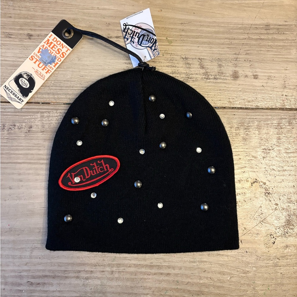 Von Dutch Studded Black Beanie | Y2K Hat
